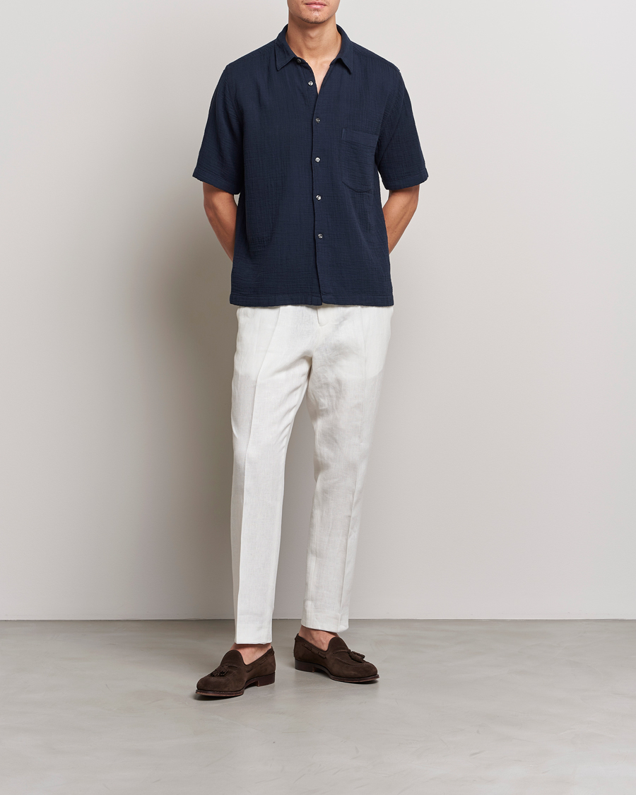 Herr | Skjortor | Oscar Jacobson | Short Sleeve City Crepe Cotton Shirt Navy