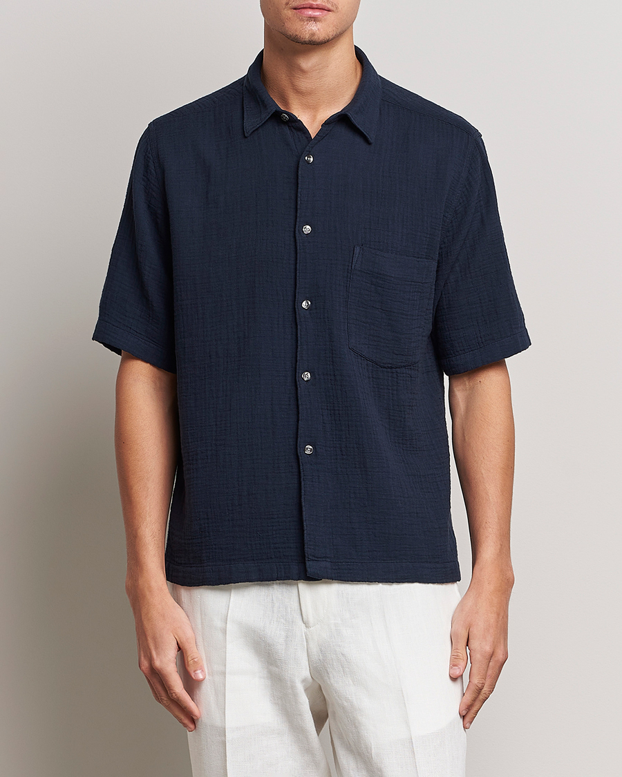Herr | Kläder | Oscar Jacobson | Short Sleeve City Crepe Cotton Shirt Navy