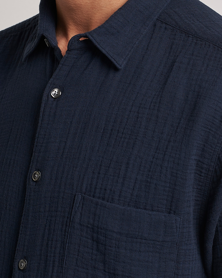 Herr | Skjortor | Oscar Jacobson | Short Sleeve City Crepe Cotton Shirt Navy