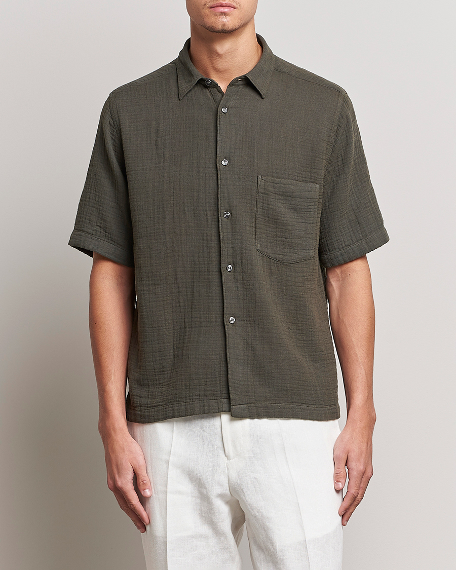 Herr | Kortärmade skjortor | Oscar Jacobson | Regular Fit City Crepe Cotton Shirt Green