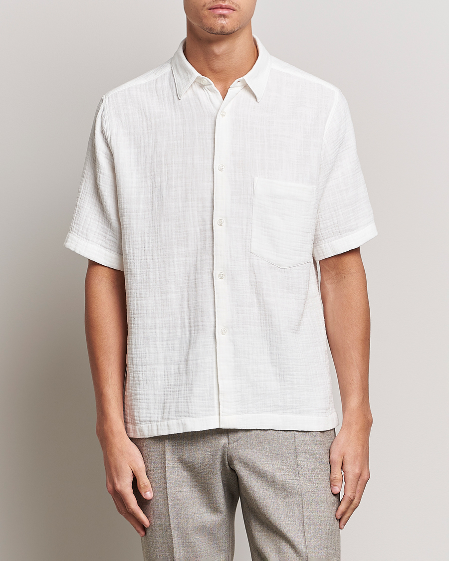 Herr | Kortärmade skjortor | Oscar Jacobson | Regular Fit City Crepe Linen Shirt Off White