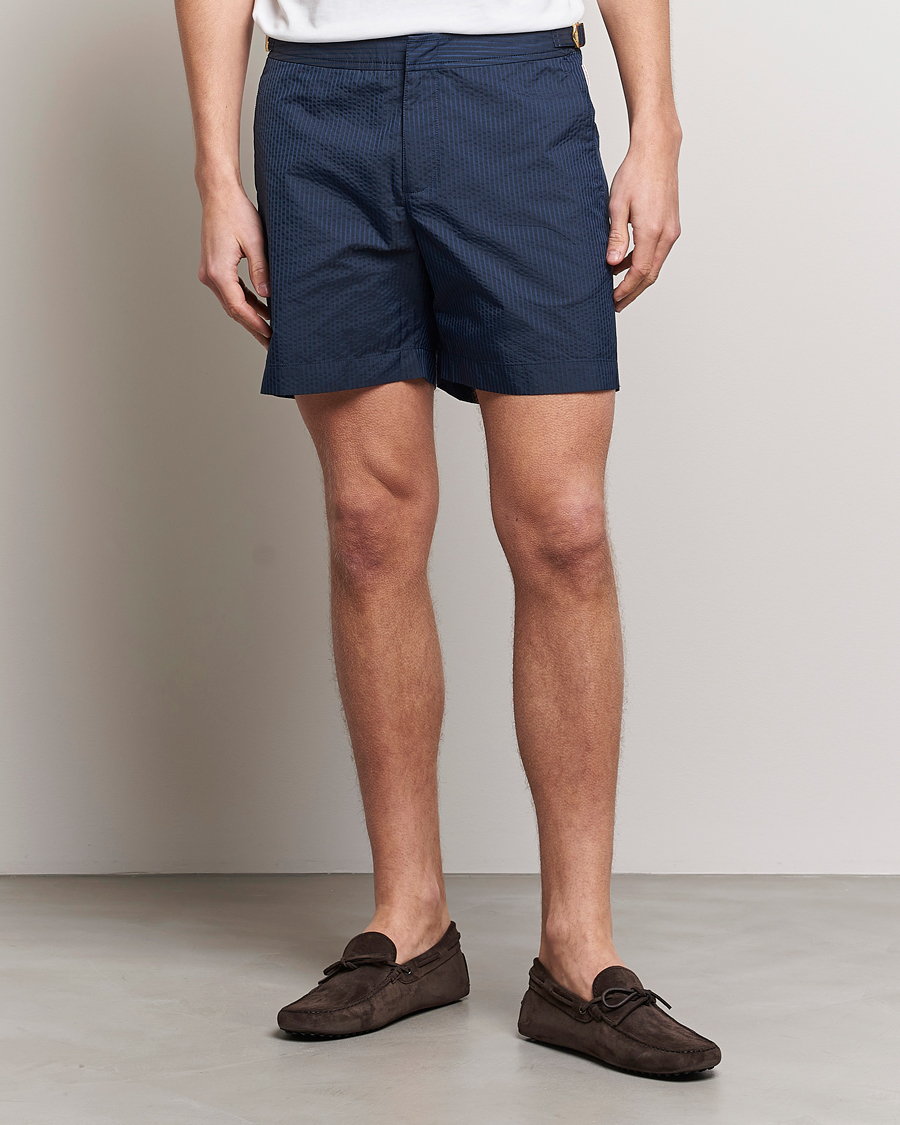 Herr | Badbyxor | Orlebar Brown | Bulldog Tonal Seersucker Swimshorts Night Iris