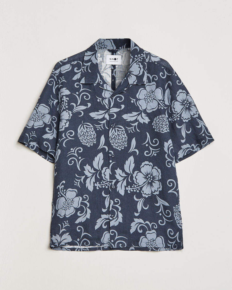Herr | Skjortor | NN07 | Ole Short Sleeve Printed Linen Shirt Navy