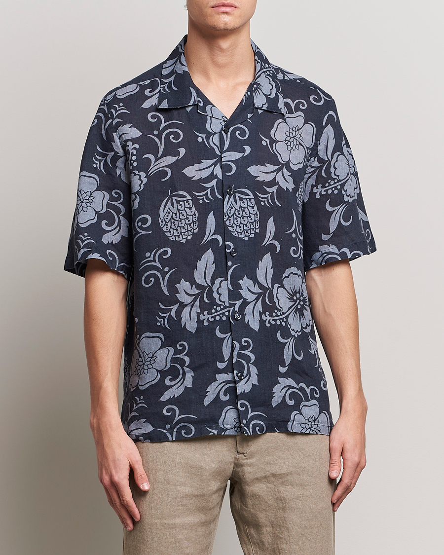 Herr |  | NN07 | Ole Short Sleeve Printed Linen Shirt Navy