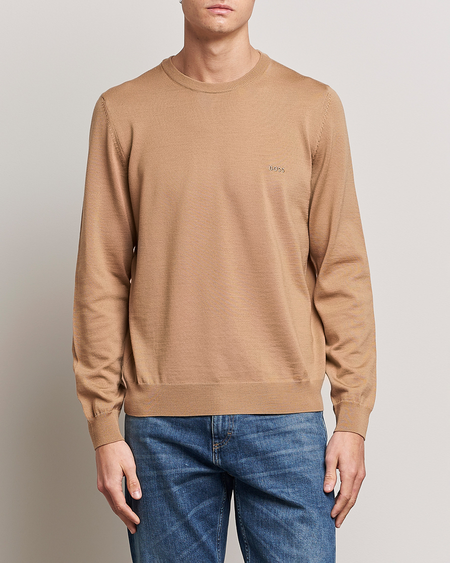 Herr | Stickade tröjor | BOSS BLACK | Botto Wool Knitted Crew Neck Sweater Medium Beige