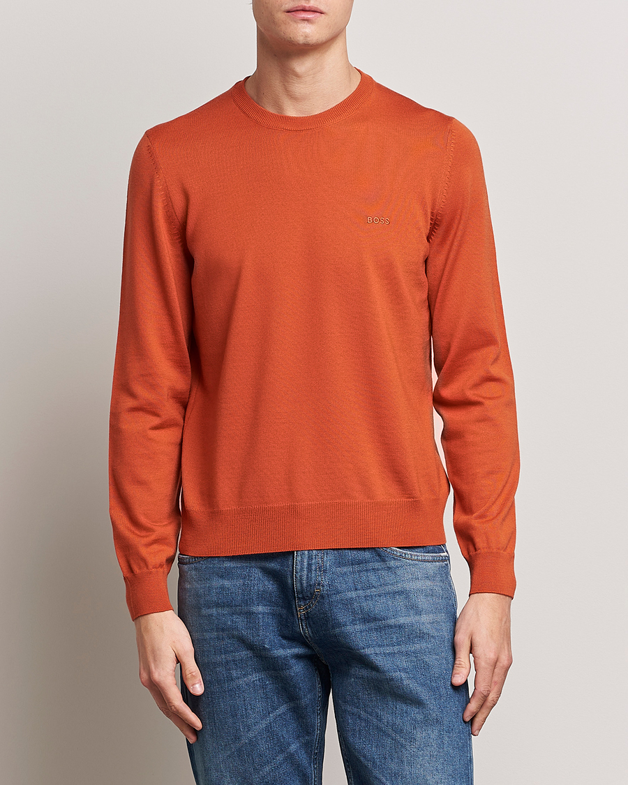 Herr | Tröjor | BOSS BLACK | Botto Wool Knitted Crew Neck Sweater Dark Orange