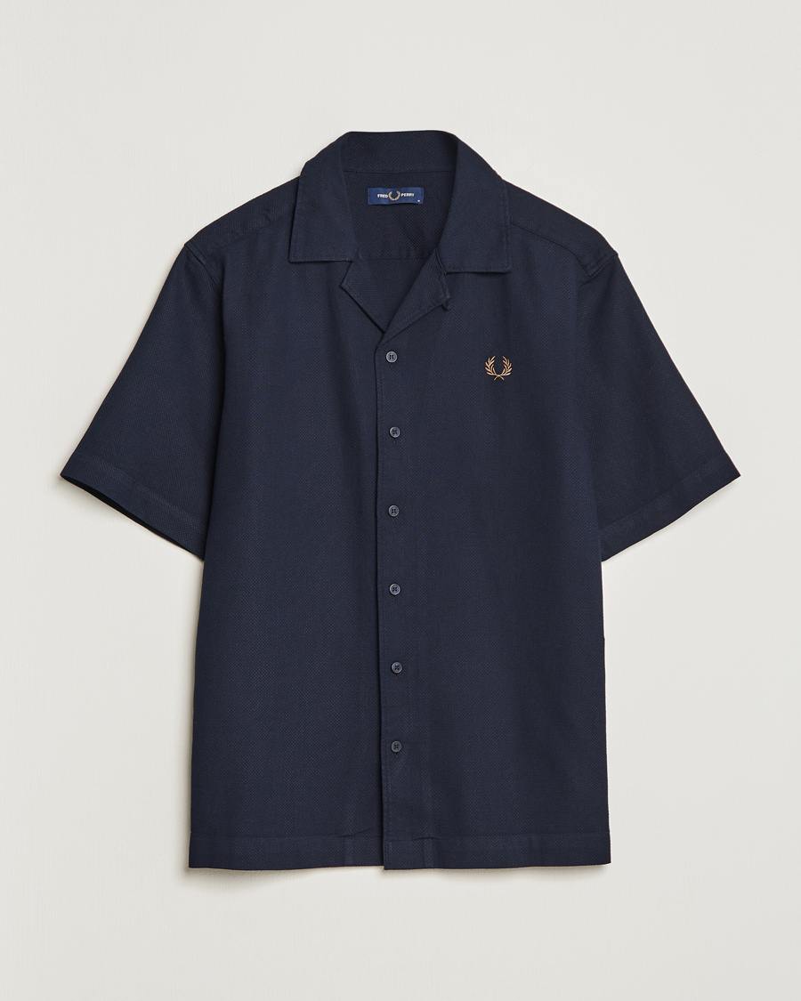 Herr | Skjortor | Fred Perry | Woven Pique Short Sleeve Linen Shirt Navy