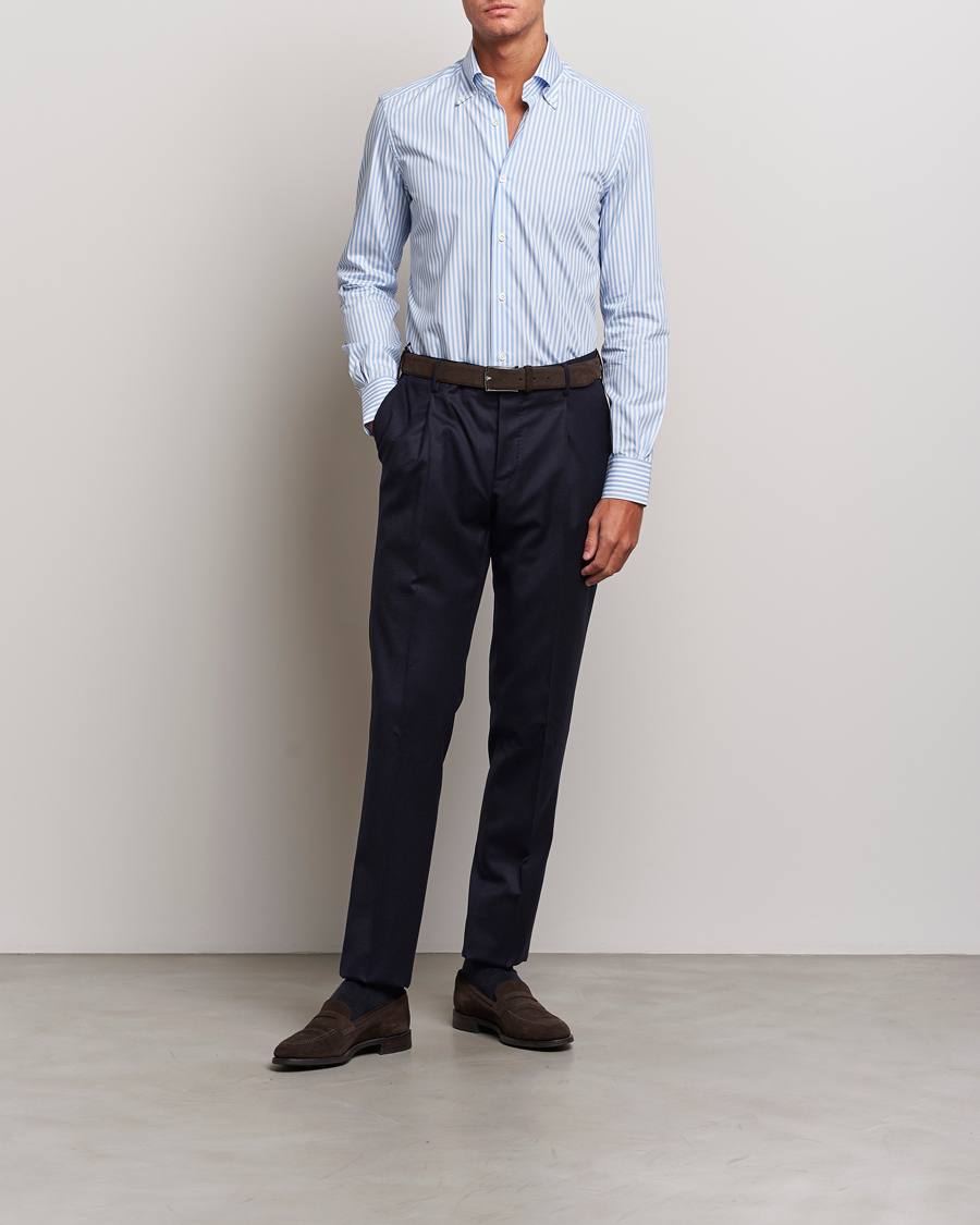 Herr | Skjortor | Mazzarelli | Soft Button Down Striped Shirt Light Blue