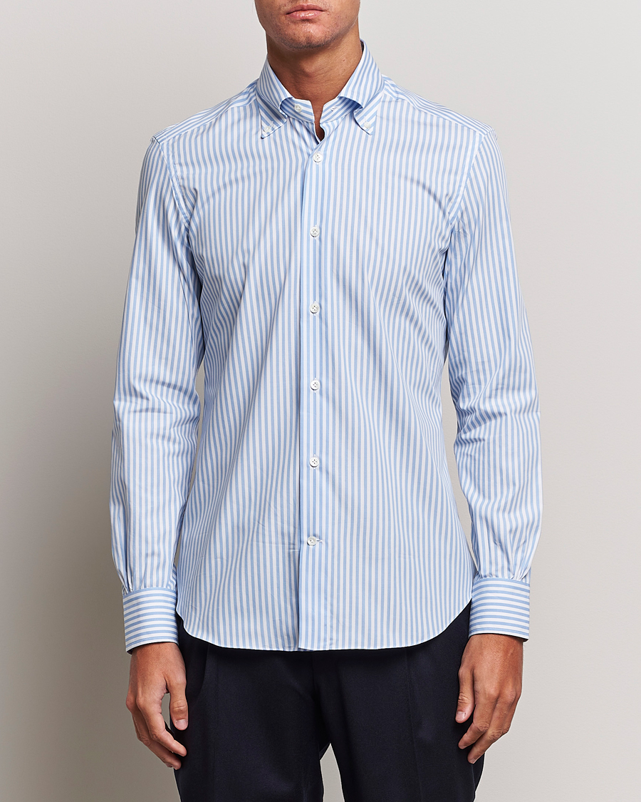 Herr | Skjortor | Mazzarelli | Soft Button Down Striped Shirt Light Blue