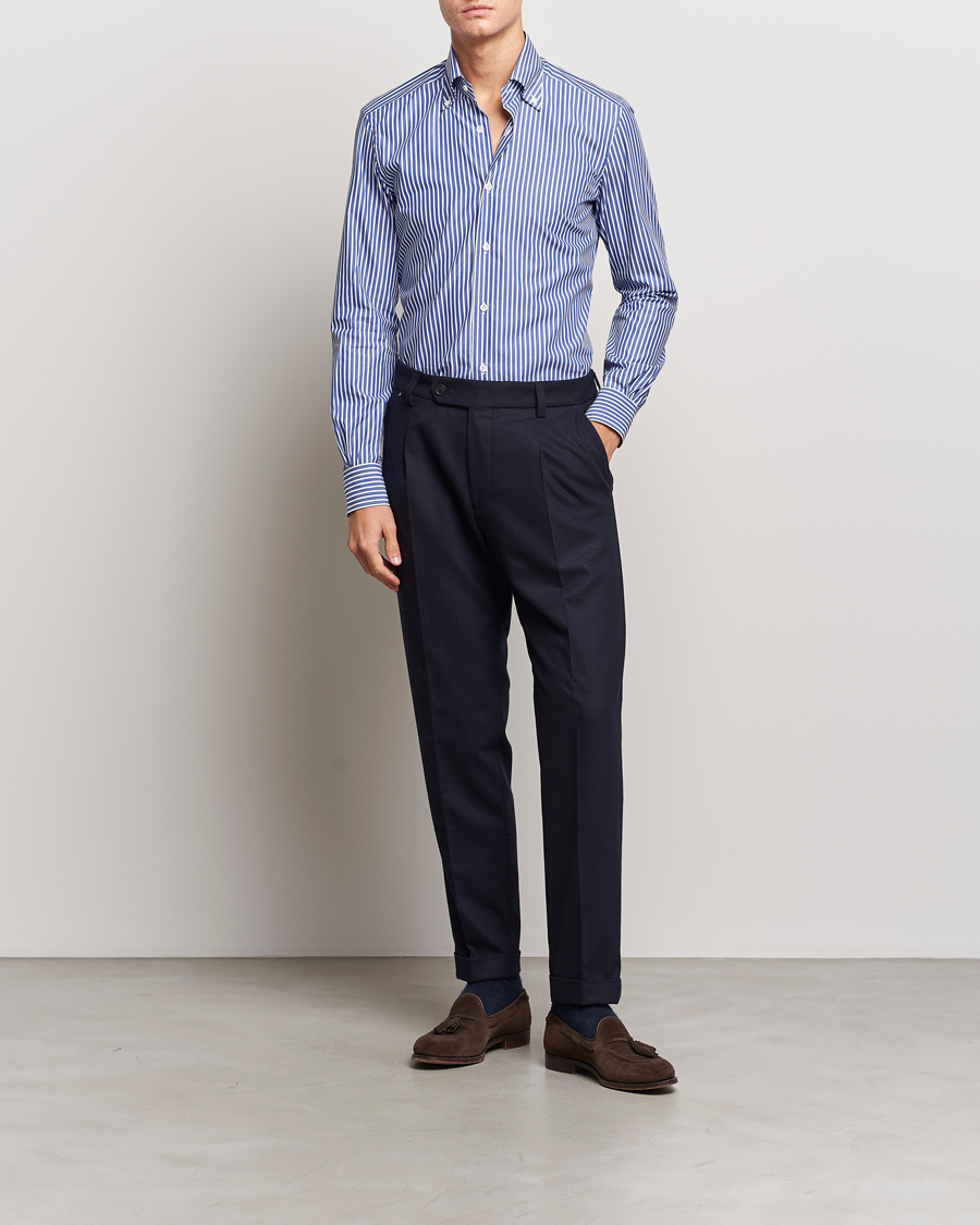 Herr | Skjortor | Mazzarelli | Soft Button Down Striped Shirt Dark Blue