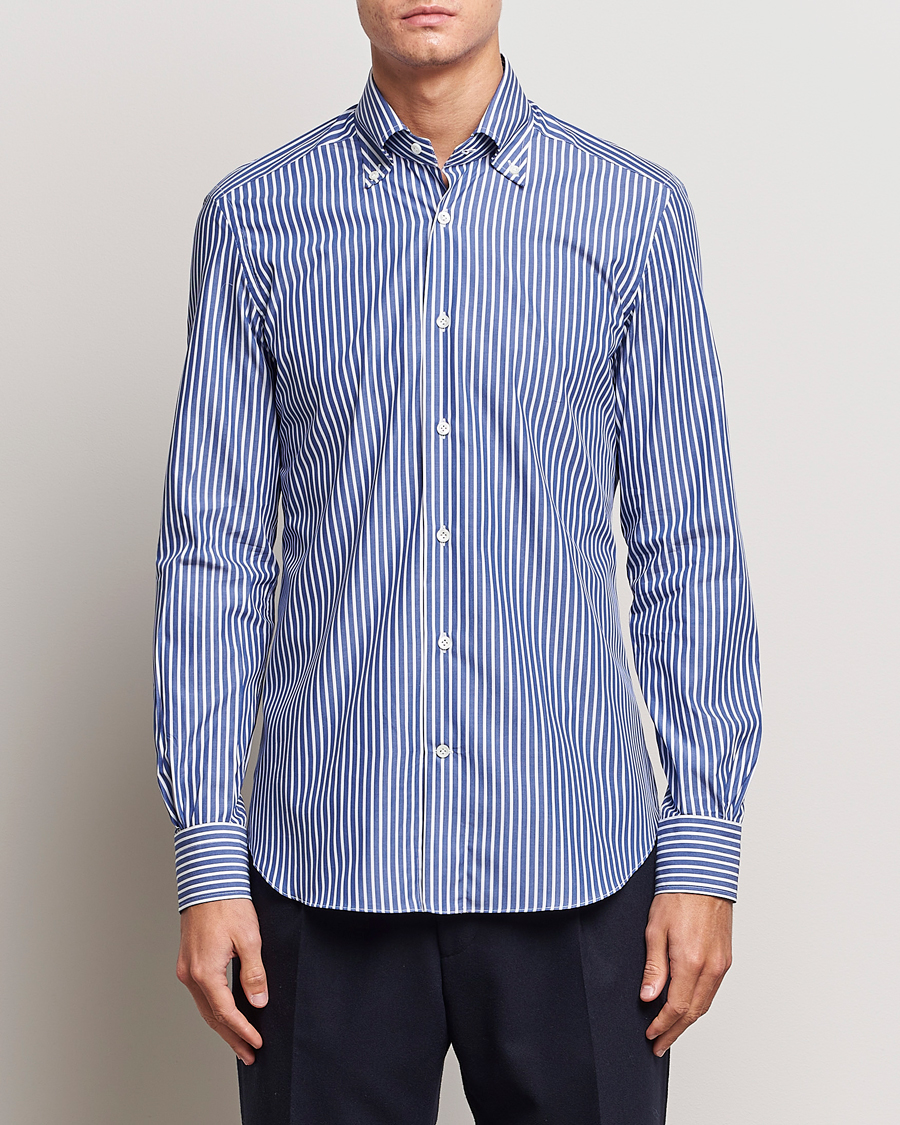 Herr | Skjortor | Mazzarelli | Soft Button Down Striped Shirt Dark Blue