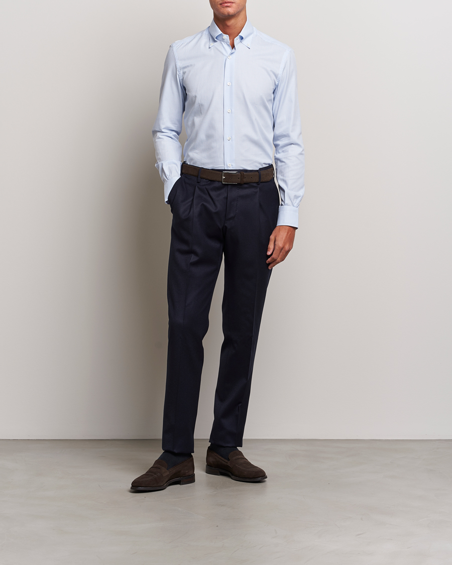 Herr | Skjortor | Mazzarelli | Soft Button Down Checked Shirt Light Blue