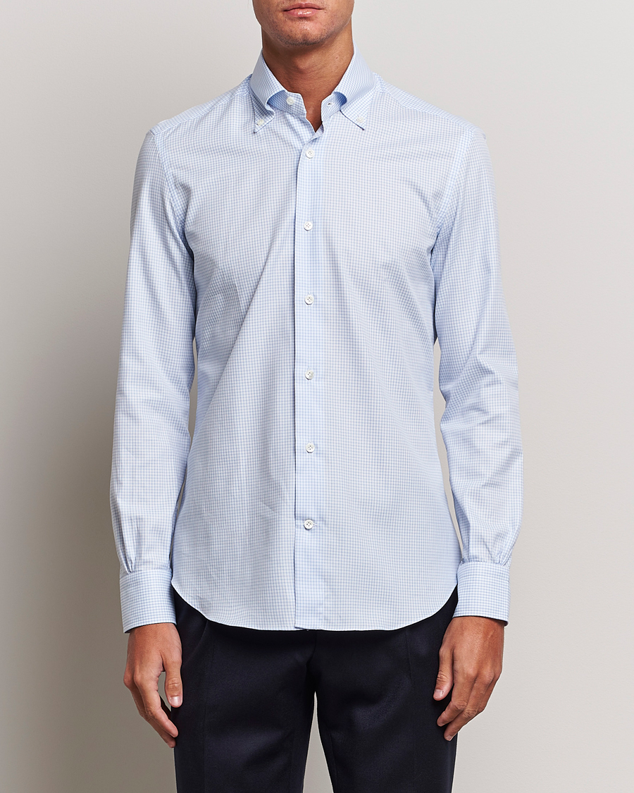 Herr | Skjortor | Mazzarelli | Soft Button Down Checked Shirt Light Blue