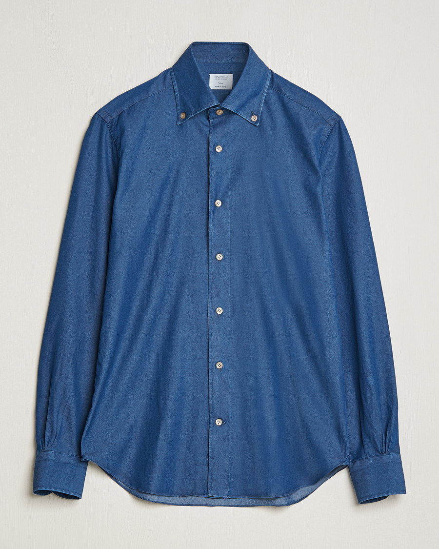 Herr |  | Mazzarelli | Soft Button Down Denim Shirt Blue Wash