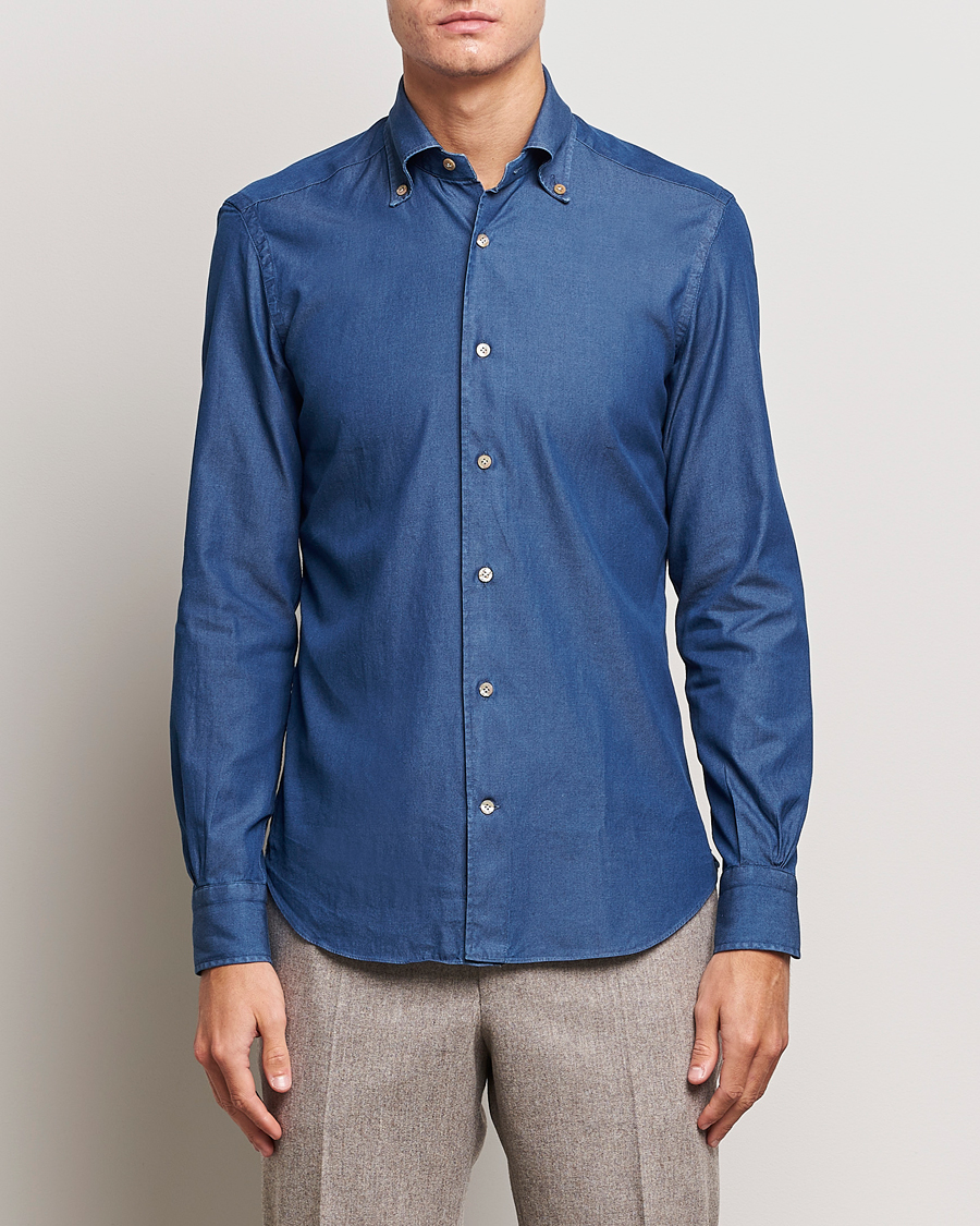 Herr | Jeansskjortor | Mazzarelli | Soft Button Down Denim Shirt Blue Wash