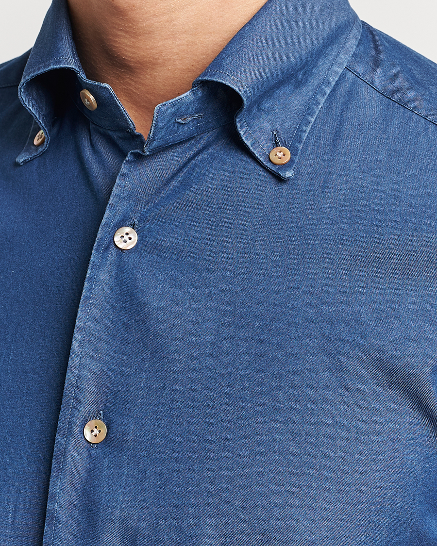 Herr | Skjortor | Mazzarelli | Soft Button Down Denim Shirt Blue Wash