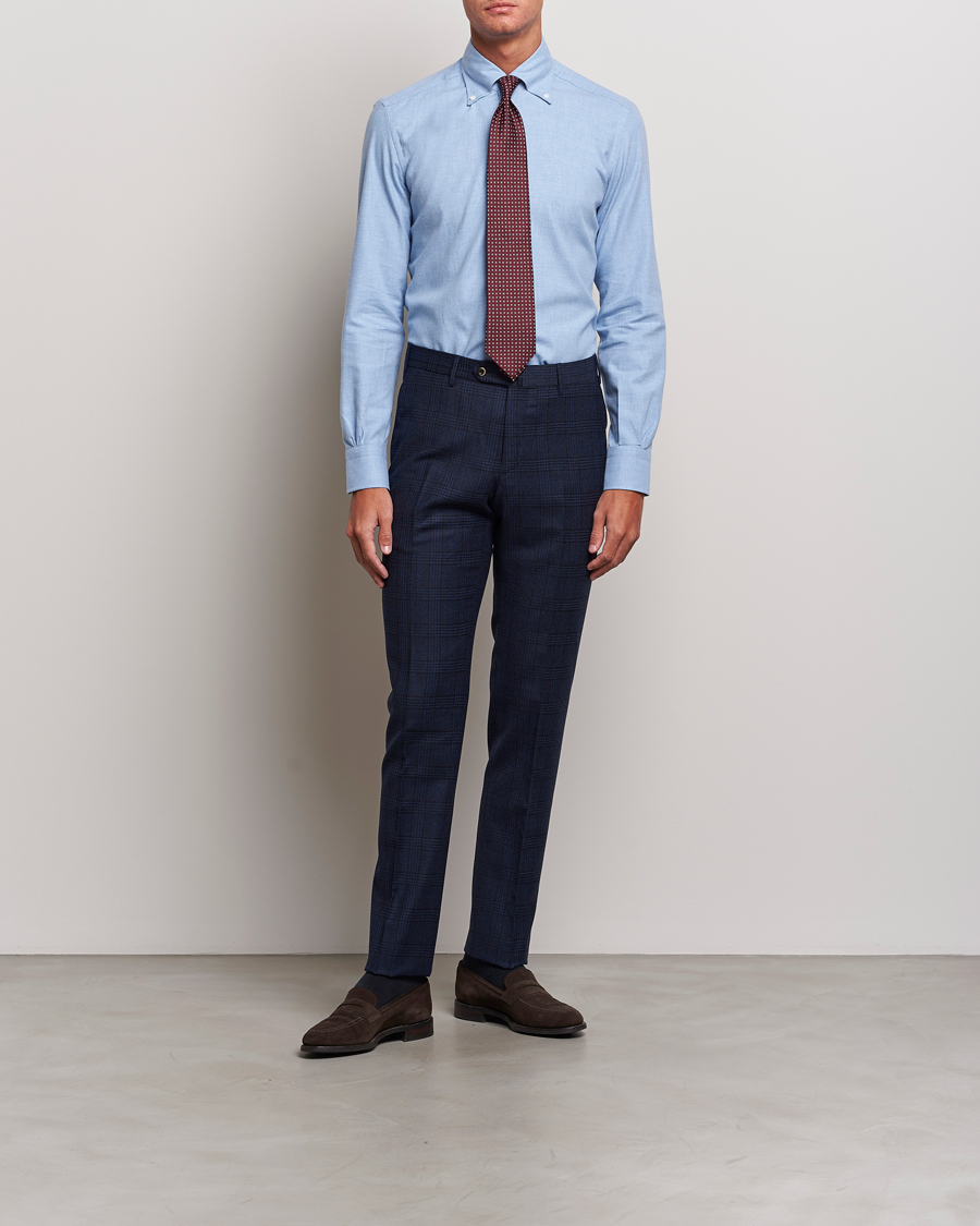 Herr | Skjortor | Mazzarelli | Soft Button Down Flannel Shirt Light Blue