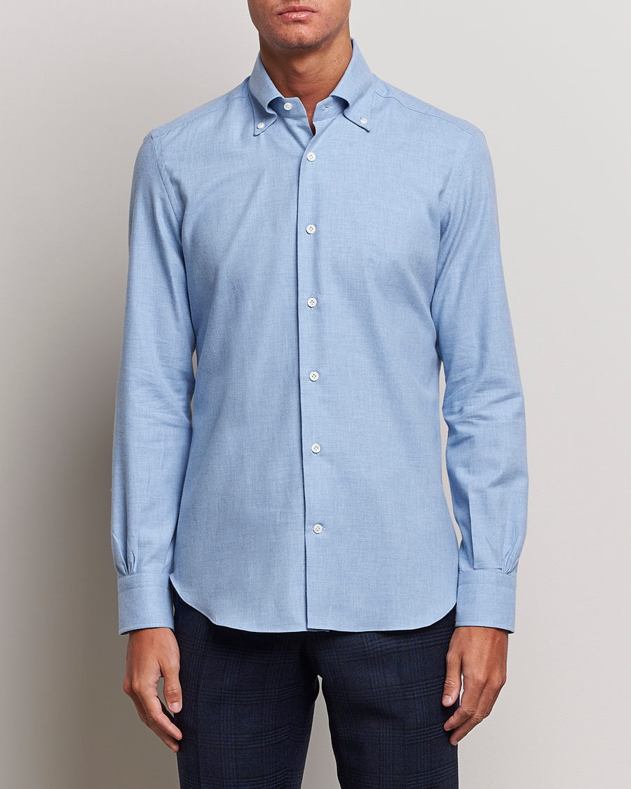 Herr | Skjortor | Mazzarelli | Soft Button Down Flannel Shirt Light Blue