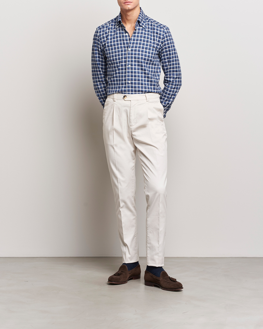 Herr | Skjortor | Mazzarelli | Soft Button Down Flannel Shirt Dark Blue
