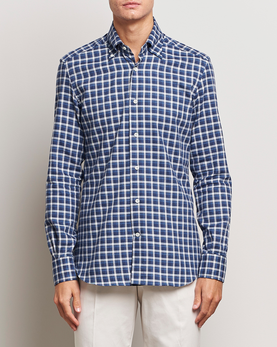 Herr | Skjortor | Mazzarelli | Soft Button Down Flannel Shirt Dark Blue