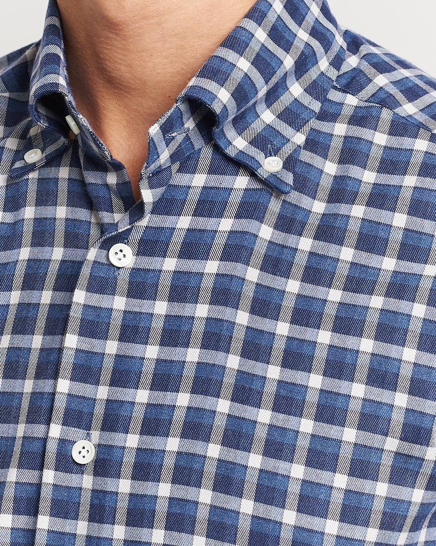 Herr | Skjortor | Mazzarelli | Soft Button Down Flannel Shirt Dark Blue