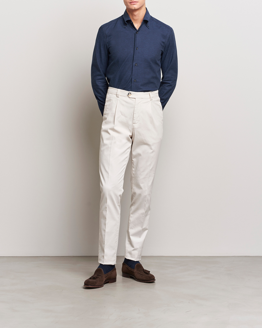 Herr | Skjortor | Mazzarelli | Soft Button Down Flannel Shirt Navy