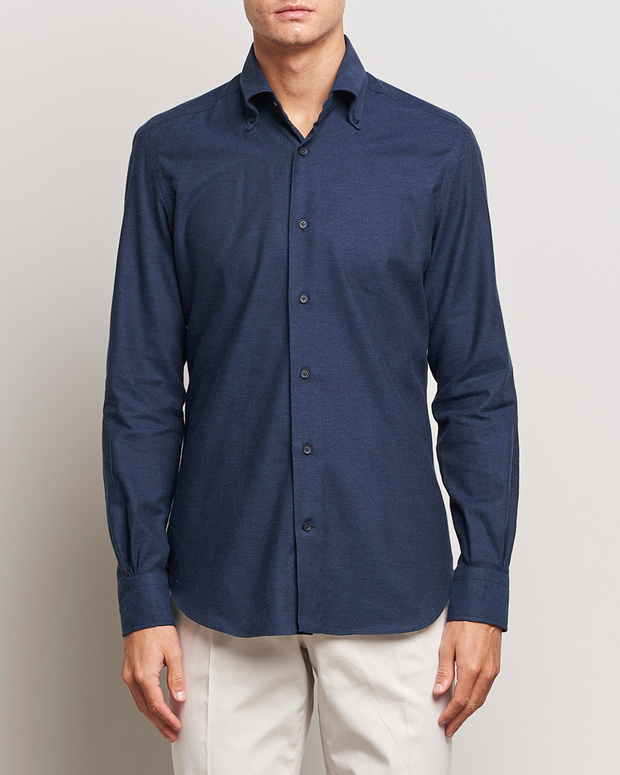 Herr | Flanellskjortor | Mazzarelli | Soft Button Down Flannel Shirt Navy