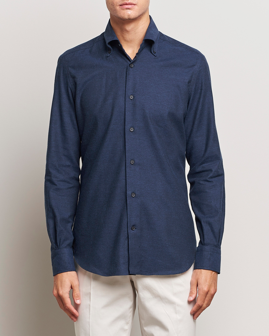 Herr | Skjortor | Mazzarelli | Soft Button Down Flannel Shirt Navy