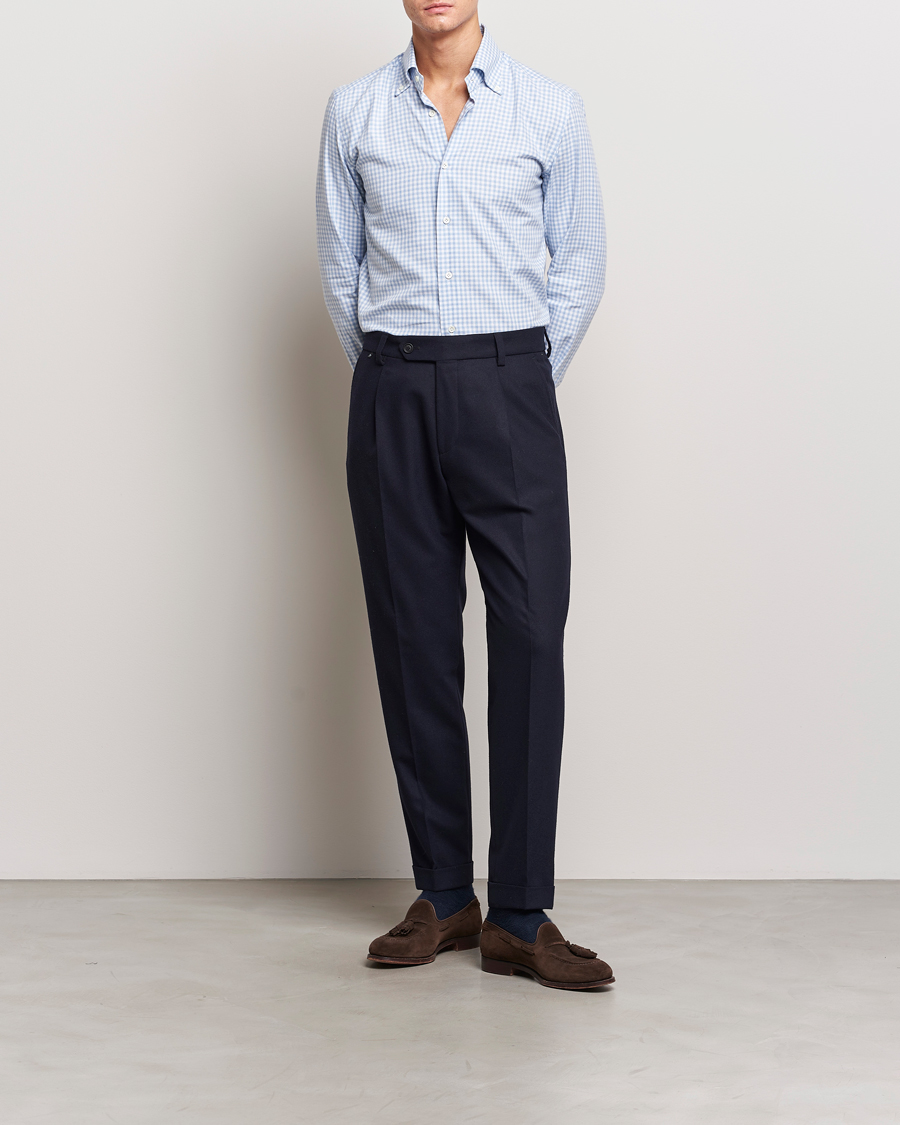 Herr | Skjortor | Mazzarelli | Soft Button Down Flannel Shirt Light Blue