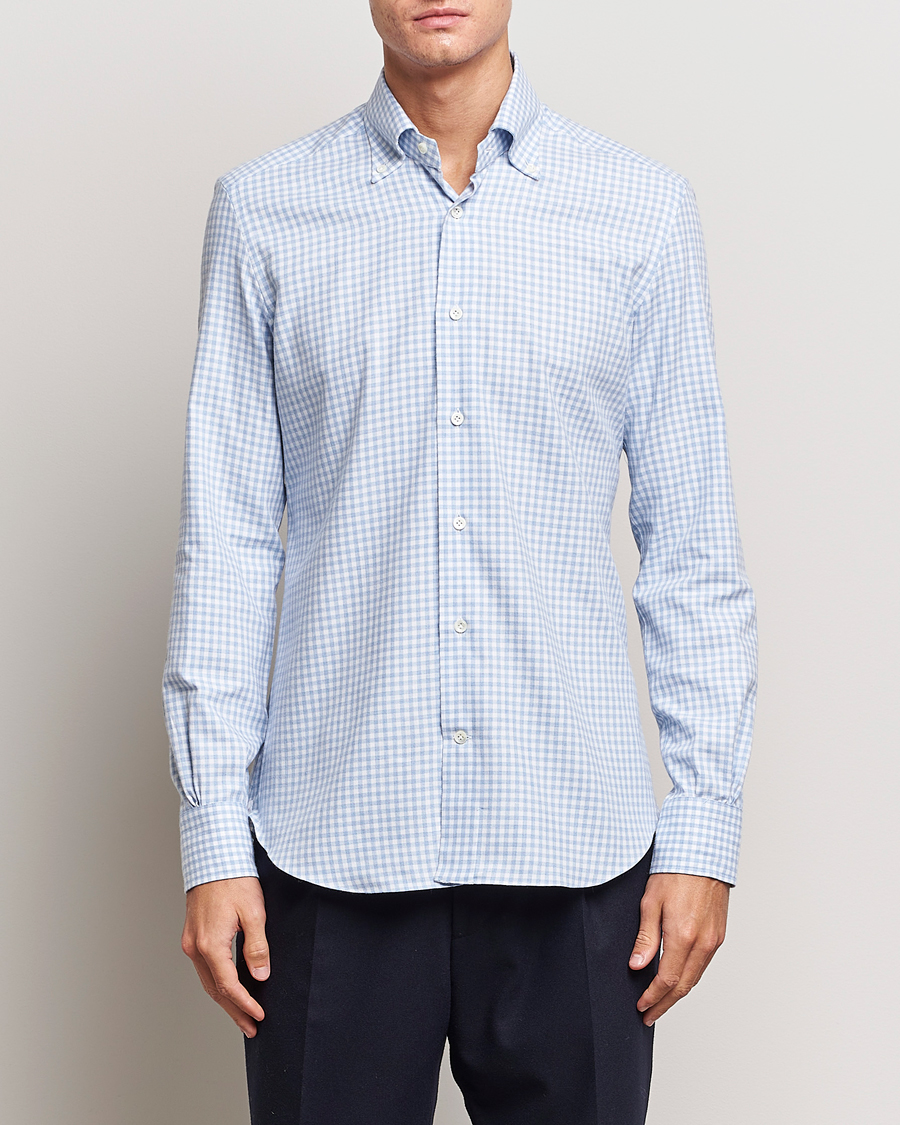 Herr | Skjortor | Mazzarelli | Soft Button Down Flannel Shirt Light Blue