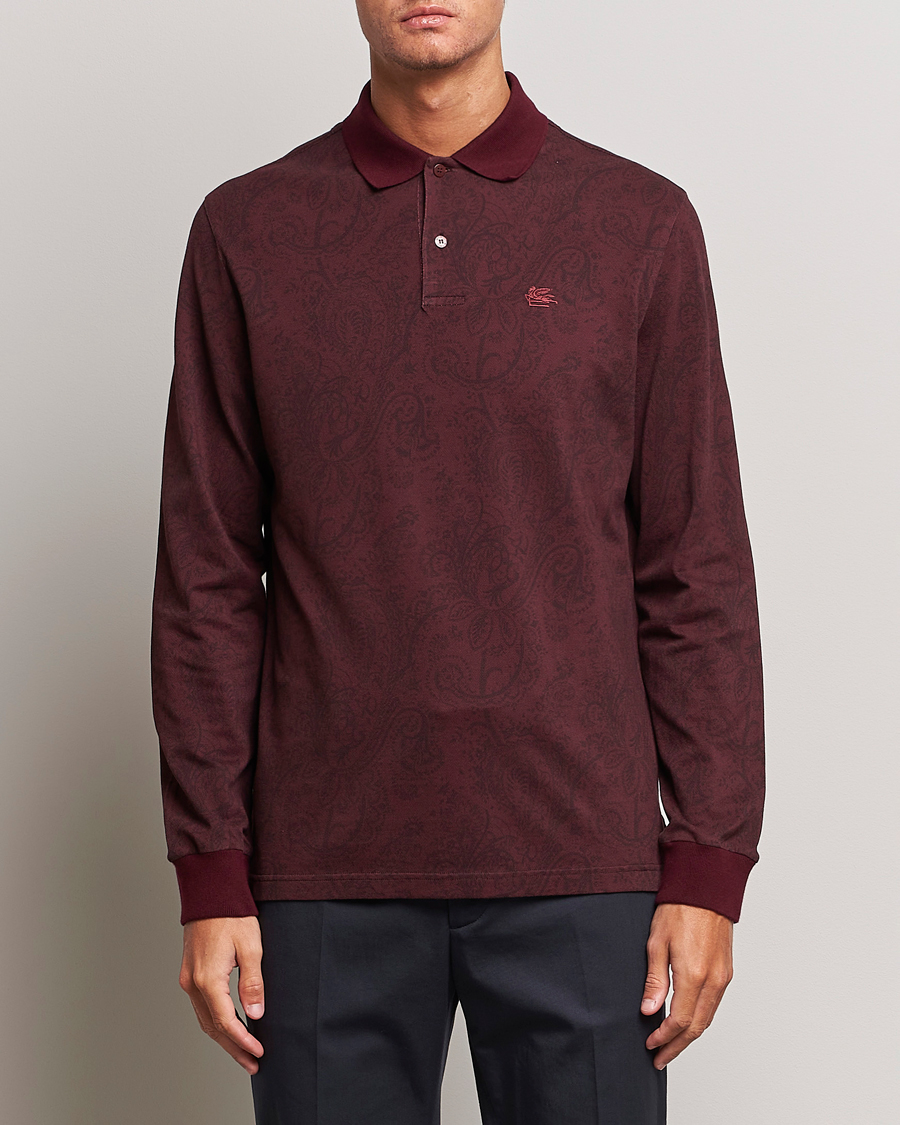 Herr | Långärmade pikéer | Etro | Tonal Paisley Long Sleeve Polo Burgundy