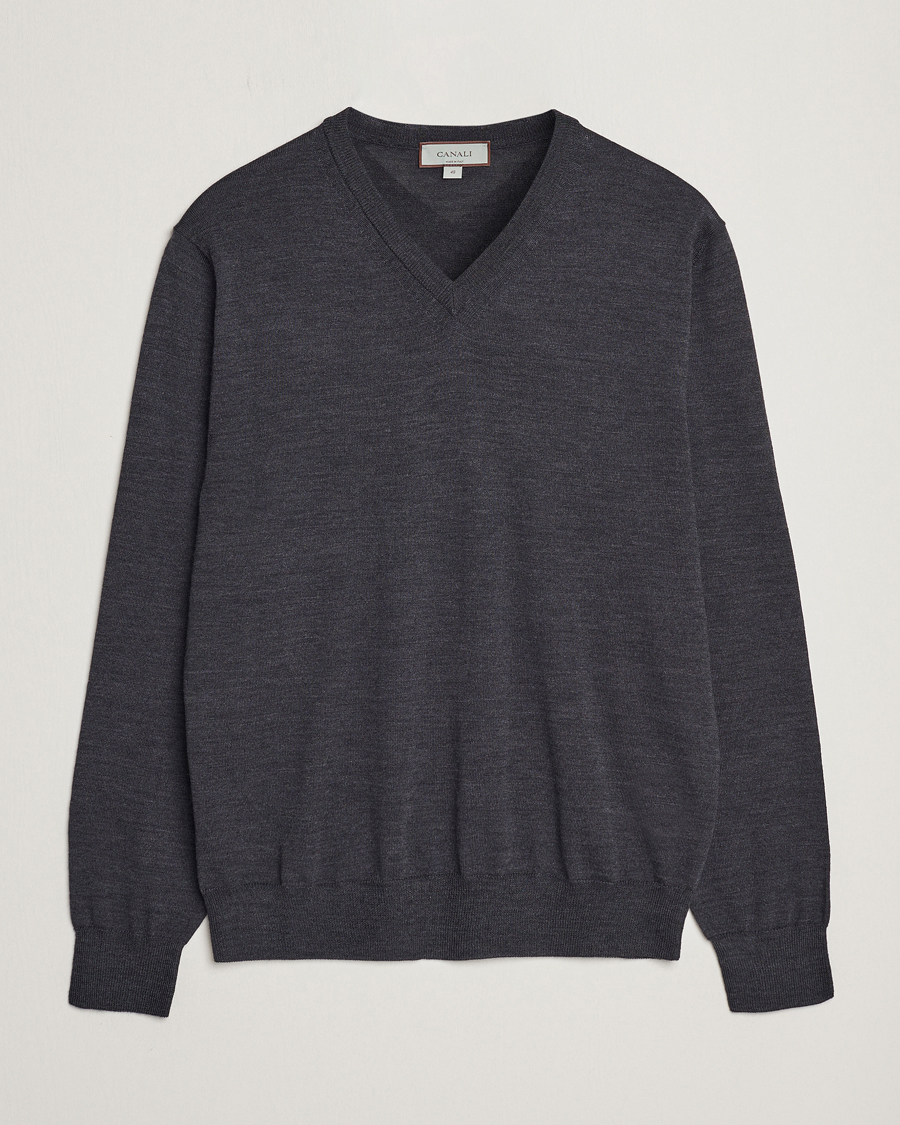 Herr | Tröjor | Canali | Merino Wool V-Neck Charcoal