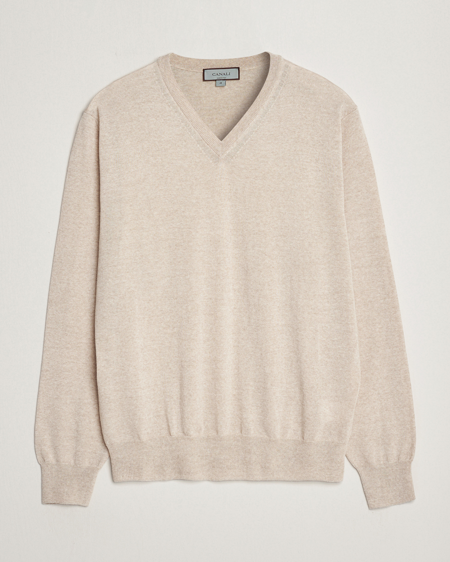 Herr | Tröjor | Canali | Merino Wool V-Neck Light Beige