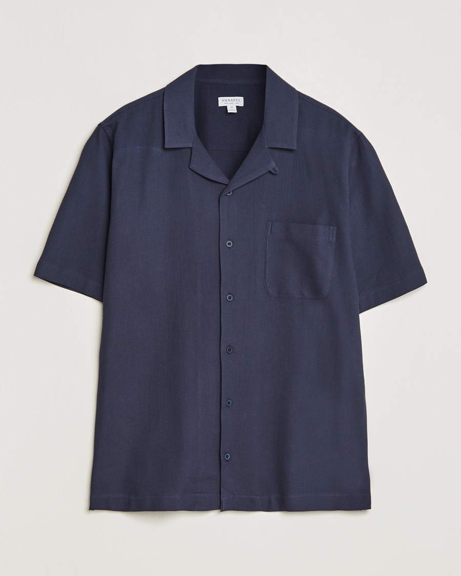 Herr | Skjortor | Sunspel | Waffle Camp Collar Shirt Navy