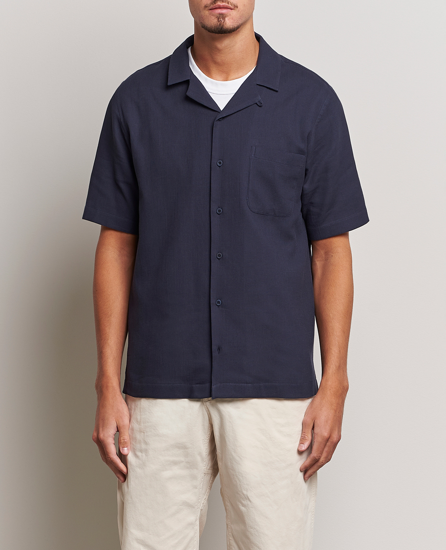 Herr | Kortärmade skjortor | Sunspel | Waffle Camp Collar Shirt Navy