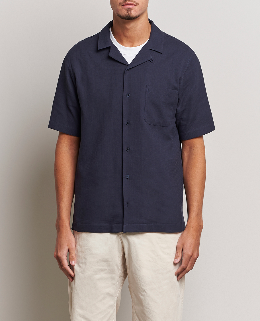 Herr | Skjortor | Sunspel | Waffle Camp Collar Shirt Navy