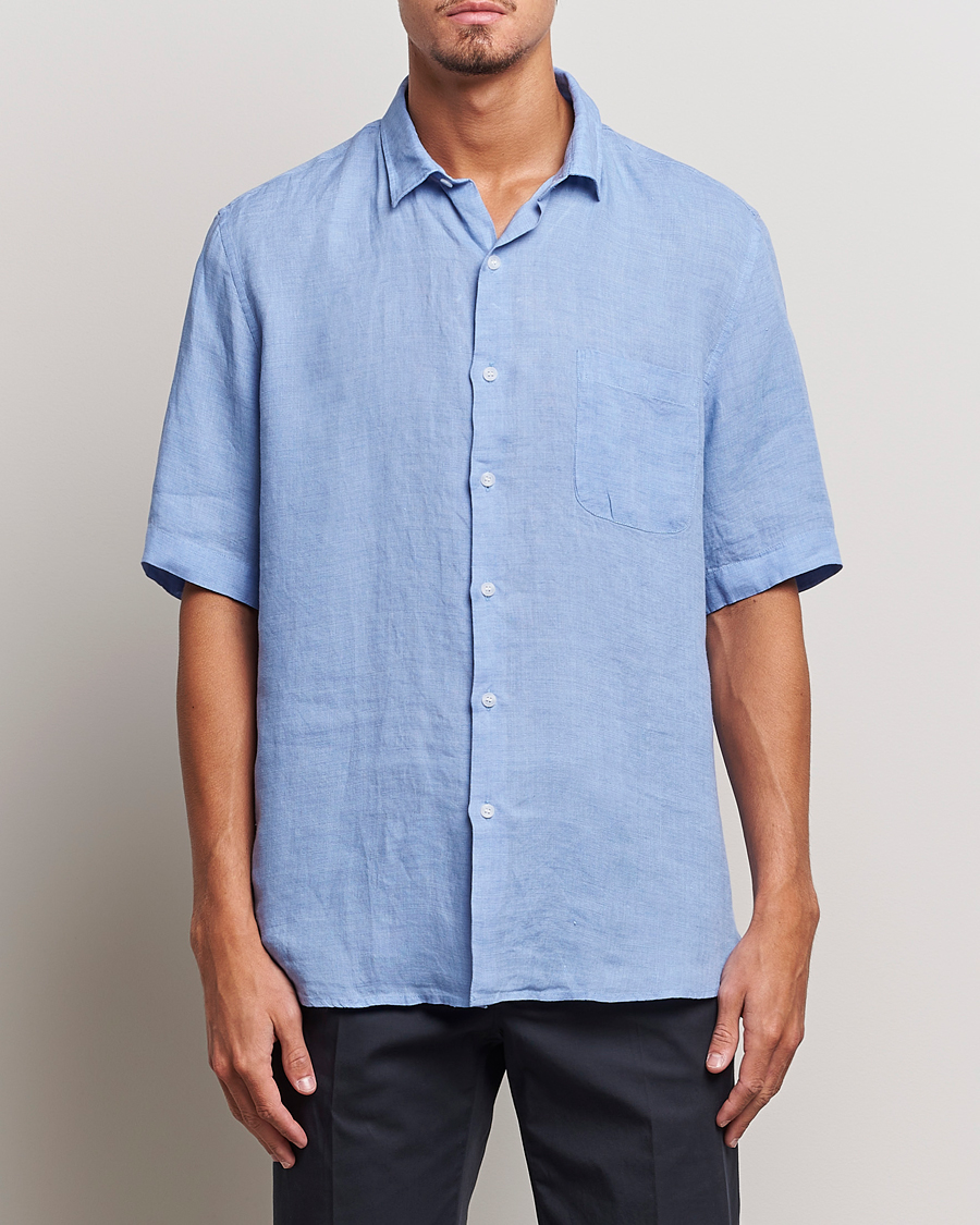 Herr |  | Sunspel | Short Sleeve Linen Shirt Cool Blue