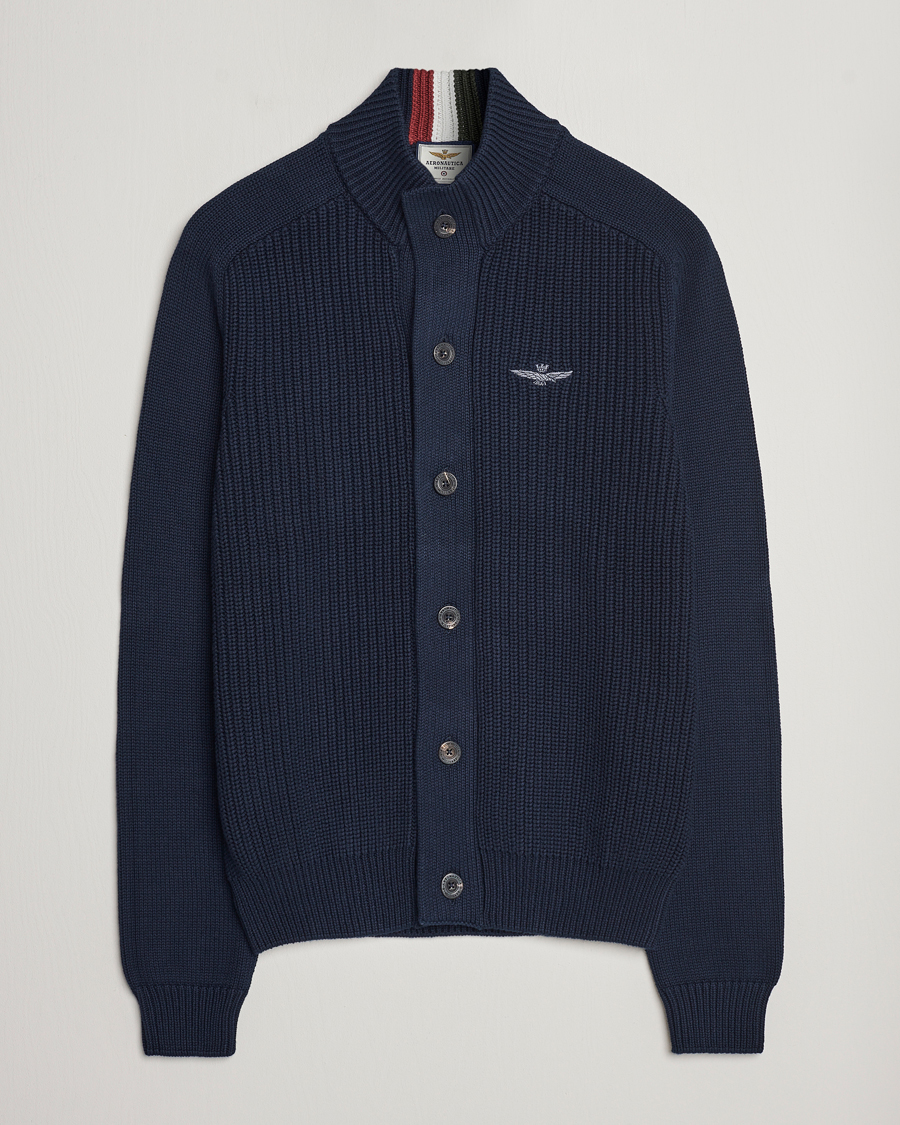 Herr | Tröjor | Aeronautica Militare | Cotton Ribbed Knitted Cardigan Dark Blue