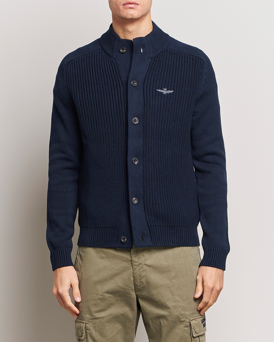 Herr | Tröjor | Aeronautica Militare | Cotton Ribbed Knitted Cardigan Dark Blue