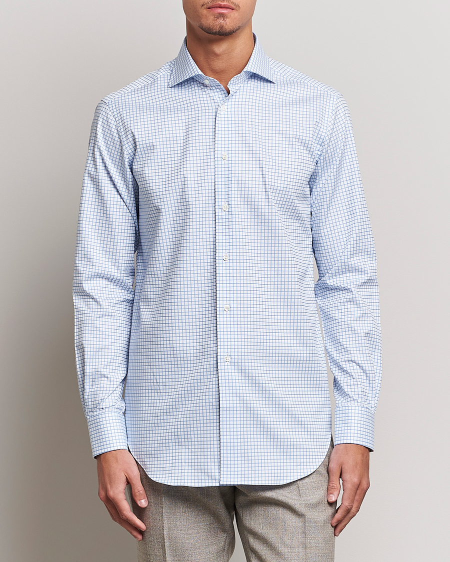 Herr | Oxfordskjortor | Kamakura Shirts | Slim Fit Twill Spread Shirt Sky Blue Check