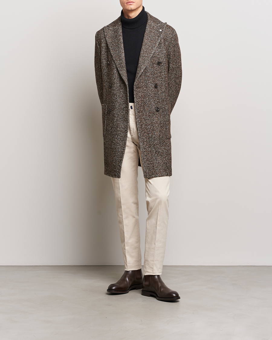 Herr | Jackor | L.B.M. 1911 | Double Breasted Herringbone Wool Coat Brown