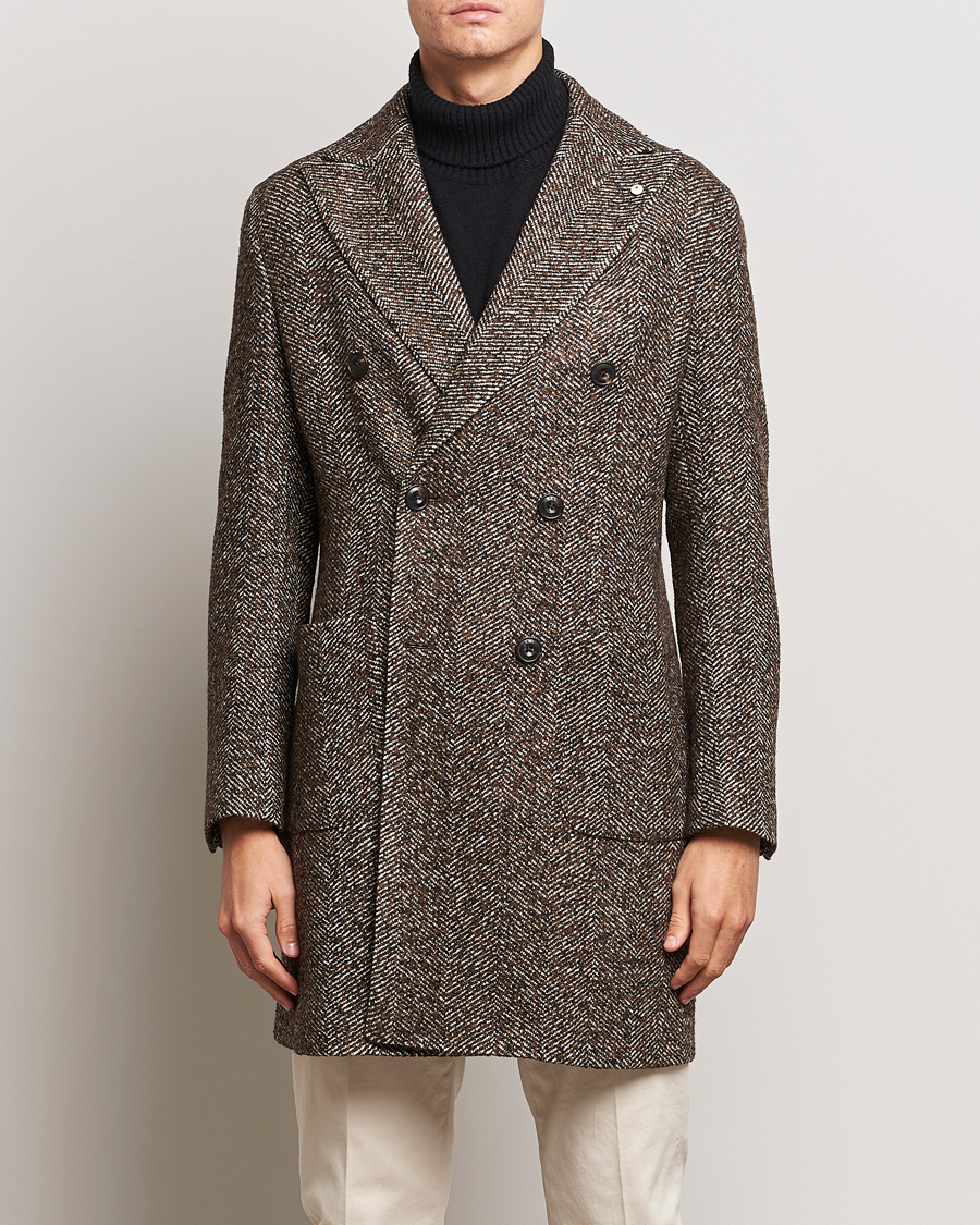 Herr | Jackor | L.B.M. 1911 | Double Breasted Herringbone Wool Coat Brown
