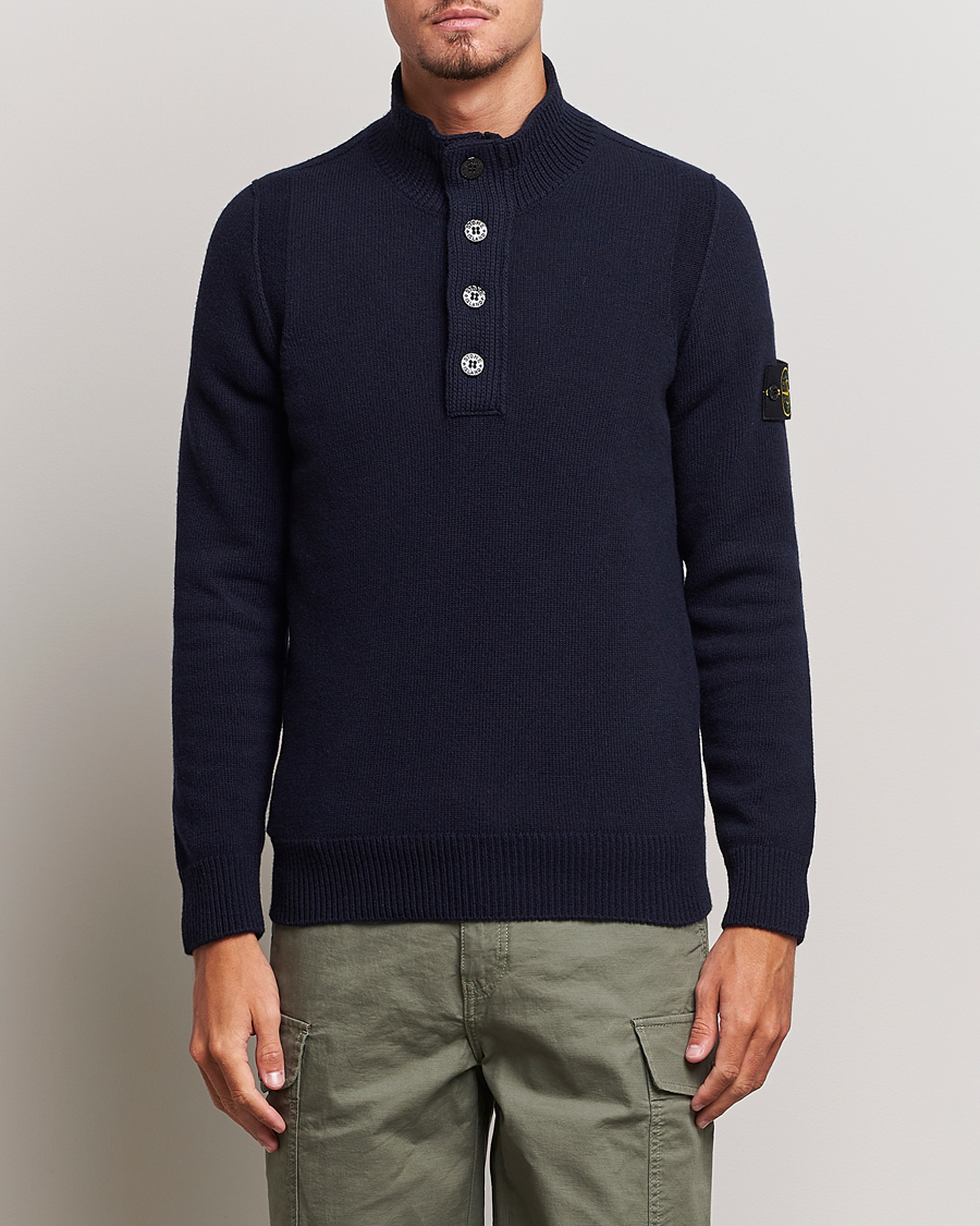 Herr | Tröjor | Stone Island | Knitted Lambwool Half Button Zip Navy Blue