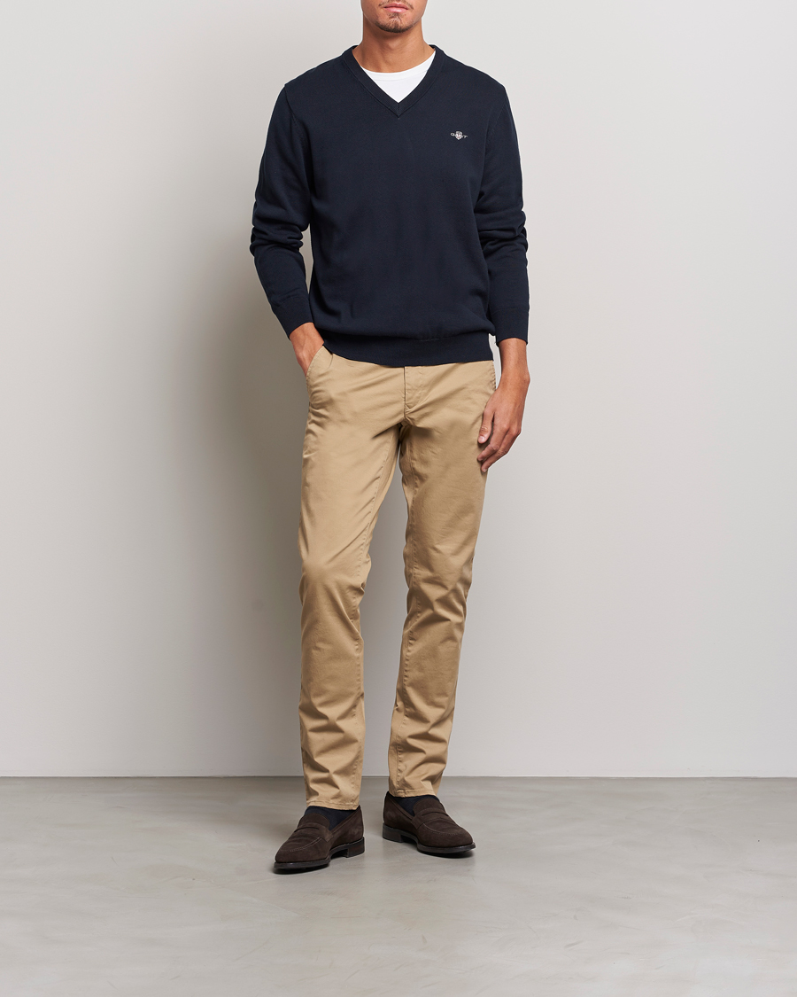 Herr | Tröjor | Gant | Classic Cotton V-Neck Evening Blue
