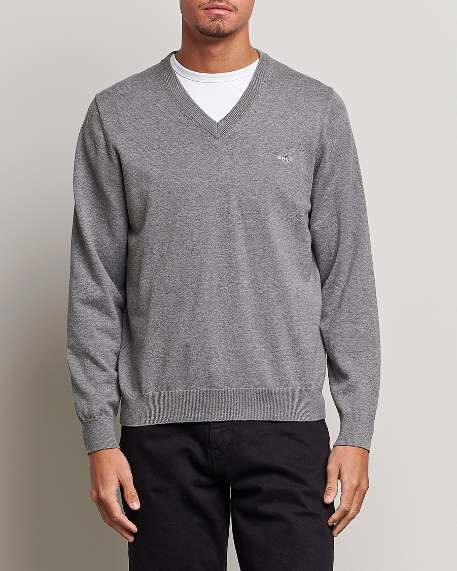 Herr | Tröjor | Gant | Classic Cotton V-Neck Dark Grey Melange