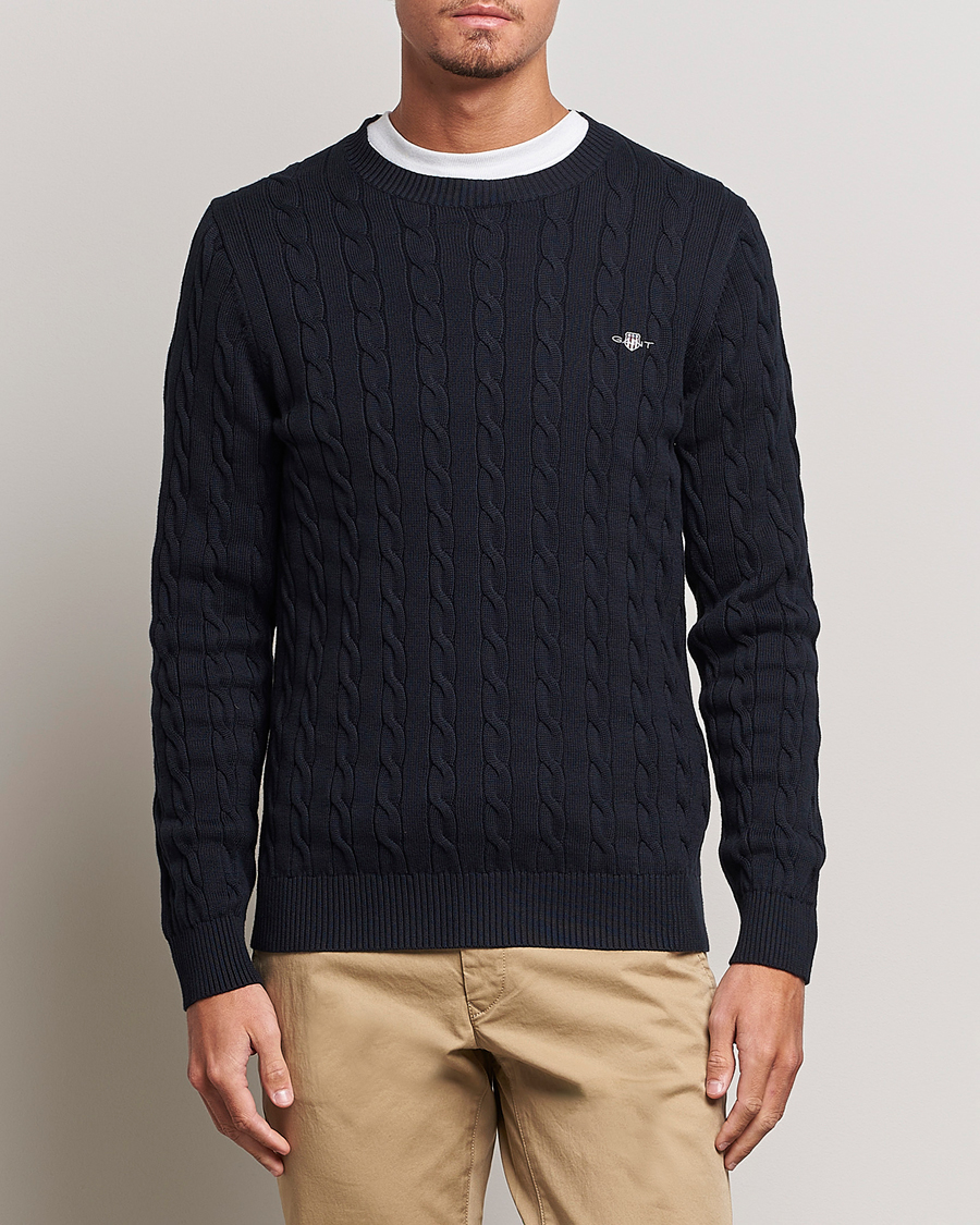 Herr | Stickade tröjor | GANT | Cotton Cable Crew Neck Pullover Evening Blue