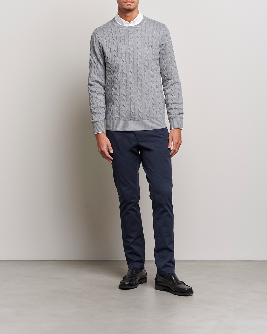 Herr | Tröjor | GANT | Cotton Cable Crew Neck Pullover Grey Melange