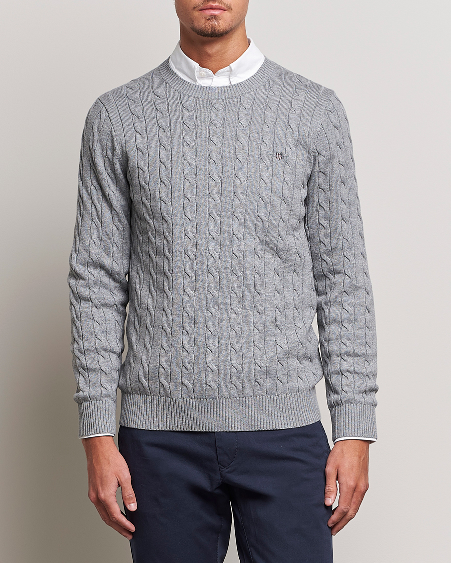 Herr | Tröjor | GANT | Cotton Cable Crew Neck Pullover Grey Melange