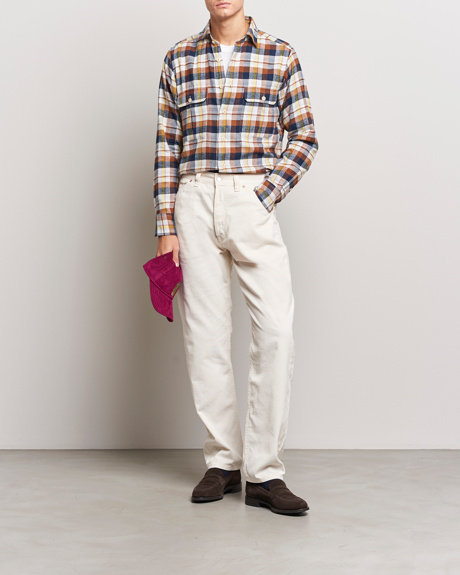 Herr | Skjortor | Drake's | Brushed Madras Checked Work Shirt Brown