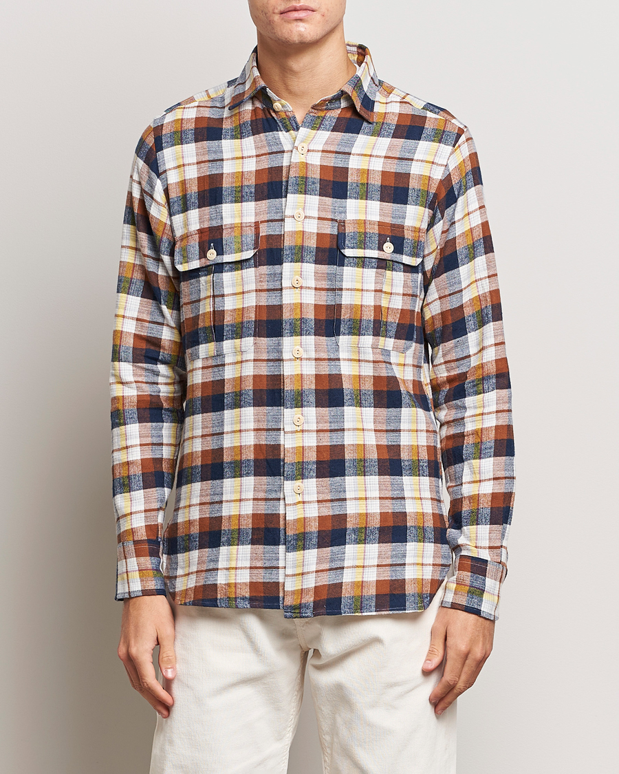 Herr | Skjortor | Drake's | Brushed Madras Checked Work Shirt Brown